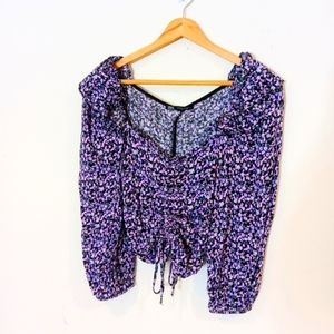 Zara Bohemian Fairycore Floral Black Pink Purple Ruffle Shoulder Crop Top Sz XS